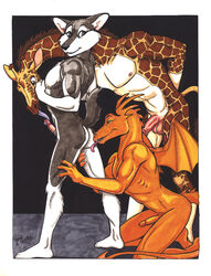 2004 anthro balls canine dragon fur furry furry_only gay giraffe high_resolution licking male no_humans penis terrie_smith tongue wolf