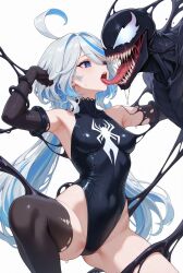 ai_generated blue_eyes blue_hair crossover eastern_and_western_character furina_(genshin_impact) genshin_impact kissing leotard lewd marvel marvel_comics mismatched_pupils spider-man_(series) symbiote venom venom_(marvel) white_hair