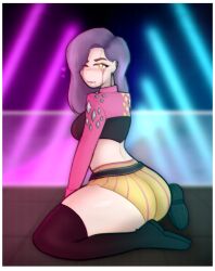 mina_(dead_by_daylight) the_trickster dead_by_daylight coy_doy tagme looking_back looking_at_viewer back_view purple_hair long_hair yellow_eyes one_eye_closed wink heart smile earrings piercing topwear jacket breasts slim_waist wide_hips thick_thighs shorts ass ass_focus high_heels boots kneeling