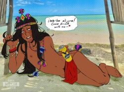 beach beach_background beer beer_can bulge bulge_through_clothing cerveza_zulia crown dark-skinned_femboy dark-skinned_male dark-skinned_sissy dark_hair dark_skin dork_nokia english_text femboy guayuco indigenous inviting laying_on_side loincloth long_hair long_hair_male nipples pubic_hair real_background south_american twirling_hair visible_balls visible_pubic_hair wayuu wayuunaiki_text