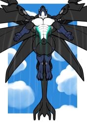 aeromorph aircraft aircraft_animal animal_genitalia anthro balls belly big_balls black_body canid canine flickrtail flying fully_sheathed genitals glowing glowing_markings hi_res huge_balls hybrid living_aircraft living_machine living_vehicle low-angle_view machine male male_only mammal markings mechanical_wings nippleless_male nude_anthro nude_male sheath solo spread_wings tail trencalos vehicle white_belly wings
