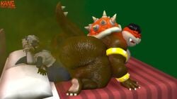 anthro bed blue_body brown_body cuffs duo english_description fart fart_cloud fart_fetish fart_on_dick frost_lucario_(frost) green_background hot_dogging kane_brent_koopa kane_brent_koopa_(character) lucario male male_only mario_(series) nintendo orange_hair orange_shell penis pokemon pokemon_(species) red_blanket shell simple_background spiked_shell spiked_tail spikes_(anatomy) tagme