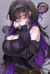 1girls absurdres ayoni_623 bare_shoulders belt black-framed_eyewear black_cardigan black_dress black_hair blush breasts brown_belt cardigan cleavage colored_inner_hair commentary dress english_commentary floating glasses goddess_of_victory:_nikke hair_over_one_eye highres label_(nikke) large_breasts long_hair looking_at_viewer mole mole_on_breast multicolored_hair open_mouth purple_eyes purple_hair simple_background skull solo stuffed_animal stuffed_rabbit stuffed_toy sweat very_long_hair