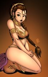 belly_dancer belly_dancer_outfit boots braided_hair brown_hair cleavage darkfang100 enslaved_royal female female_only harem_girl harem_outfit kneeling large_breasts loincloth long_hair looking_at_viewer princess_leia_organa slave slave_bikini slave_collar slave_girl slave_leia slave_outfit star_wars thick_thighs