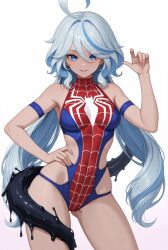 ai_generated blue_eyes blue_hair crossover eastern_and_western_character furina_(genshin_impact) genshin_impact leotard lewd marvel marvel_comics mismatched_pupils spider-man_(cosplay) spider-man_(series) symbiote venom venom_(marvel) white_hair
