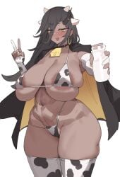 1girls abs amber_eyes areola_slip areolae_slip bikini black_hair black_jacket blush blushing_at_viewer choker collar cow_bell cow_bell_collar cow_print cow_print_bikini cow_print_micro_bikini cow_print_thighhighs cow_print_thong dark-skinned_female earring fake_cow_ears fake_cow_horns female female_only gold_earring gya_rb high_thong holding_bottle holding_milk holding_object huge_breasts huge_thighs jacket long_hair looking_at_viewer micro_bikini milk_bottle offering_drink offering_milk open_jacket open_mouth peace_sign snorky_(trickcal) snorky_(trickcal_re:vive) solo standing thick_thighs thighhighs thong three-quarter_portrait trickcal trickcal_re:vive v v-sign white_background yellow_jacket