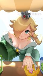 1girls bare_shoulders blonde_hair blue_eyes blush breasts cleavage crown dress earrings female female_only hair_over_one_eye jewelry koopa kurere1202 long_hair looking_at_viewer mario_(series) mario_party nintendo off_shoulder pov princess_rosalina star_(symbol) tagme