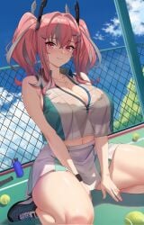 1girls azur_lane ball bangs bare_shoulders blue_sky bottle bow bra breasts bremerton_(azur_lane) bremerton_(scorching-hot_training)_(azur_lane) chain-link_fence cleavage clothed clothing cloud collarbone crop_top crop_top_overhang day eyebrows_visible_through_hair female female_only fence grey_hair hair_between_eyes hair_ornament hairclip heart heart_necklace hi_res highres large_breasts long_hair looking_at_viewer mole mole_under_eye multicolored_hair navel pink_eyes pink_hair racket see-through shirt sitting skirt sky sleeveless sleeveless_shirt smile sports_uniform sportswear streaked_hair string_rafart tennis_ball tennis_racket tennis_uniform thighs twintails two-tone_shirt two-tone_skirt underwear x_hair_ornament