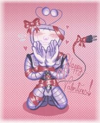 antennae_(anatomy) awkward_smile big_balls big_cock big_hands big_penis blush cable_tail cute_expression deltarune deltarune_chapter_3 gloved_hands goofy_smile jacob's_ladder letttusse naked_male object_head predicament_bondage ribbon_bondage ribboned_body robot_humanoid robot_penis tail tenna_(deltarune) text tied_up tv_head valentines_day