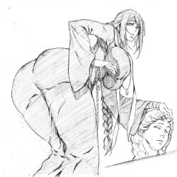 1girls 2026 ass ass_focus bent_over big_ass big_breasts braid braided_hair breasts elden_ring female fromsoftware fully_clothed greyscale mature_female rakusakugk sketch solo solo_female sorceress sorceress_sellen teacher