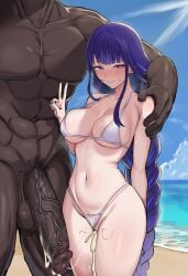 1boy 1girls ai_generated bangs beach bikini blue_sky blush braid braided_ponytail breasts cheating closed_mouth clothed_female_nude_male cloud cuckold cum dark-skinned_male dark_skin day erection female genshin_impact interracial large_breasts large_penis long_hair looking_at_viewer male male_pubic_hair mole mole_under_eye muscular nail_polish navel netorare nude ocean outdoors penis pubic_hair purple_eyes purple_hair raiden_shogun sky smile standing straight swimsuit testicles thighs v veins veiny_penis very_long_hair white_bikini zeulzin