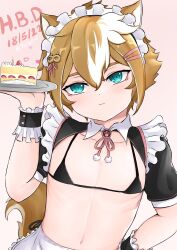 1boy 2022 :3 bikini_top birthday birthday_cake blue_eyes cake dogboy femboy genshin_impact gorou_(genshin_impact) hair_ornament hi_res light-skinned_male looking_at_viewer maid_headdress maid_uniform male male_only solo solo_femboy strawberry_cake tilted_head tiningot196