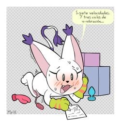 1girls absurd_res anthro bandai_namco bianc_(el_senor_erizo) blush claws clothing dialogue digimon digimon_(species) dildo egg_vibrator eyelashes felid female female_only fur gatomon gloves handwear hi_res instructions mammal masturbation mr_harinezumi open_mouth plug_(sex_toy) reading sex_toy sex_toy_insertion smile solo spanish_text speech_bubble tail text vibrator white_body white_fur