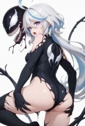 ai_generated blue_eyes blue_hair crossover eastern_and_western_character furina_(genshin_impact) genshin_impact leotard lewd marvel marvel_comics mismatched_pupils spider-man_(series) symbiote venom venom_(marvel) white_hair