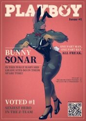 bara bat big_pecs bulge bunny_boy bunny_costume bunny_ears bunny_tail bunnysuit dispatch_(game) furry gay heels high_heels magazine_cover male male_only muscular muscular_male playboy_bunny solo sonar_(dispatch) the_lycander