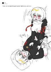1girls areolae bed blonde_hair bloodfiend blush bottomless breasts breasts_out don_quixote_(limbus_company) drooling fangs heart heart-shaped_pupils jacket jacket_open korean_text laying_down laying_on_bed limbus_company looking_pleasured nipples pillow project_moon red_eyes request riding riding_penis shiram_(artist) simple_background sinclair_(limbus_company) sound_effects text translation_request tremble_spikes trembling yellow_eyes