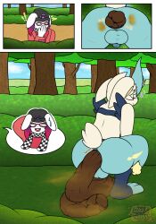 anthro backsack balls being_watched comic crowning_feces duo embarrassed excessive_feces exclamation_point eyewear fart feces feces_pile female generation_8_pokemon genitals glasses hi_res highlights_(coloring) hyper_feces hyper_scat kitscat lagomorph leporid looking_at_another male mammal nintendo outside park pokemon pokemon_(species) pokemon_trainer rabbit raised_tail scarf scat scorbunny sign startled tail toilet