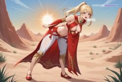 1girl ai_assisted ai_generated arms_behind_back aroused_face bare_shoulders blonde_hair blue_eyes boob_window breasts contrapposto cowboy_shot desert detached_sleeves dynamic_pose erect_nipples final_fantasy_xiv gold_trim heavy_breathing holding_breasts jewelry large_areola leaning_forward legs_apart lewd_expression lips long_nipples looking_at_viewer lyse_hext midriff navel nude oiled_body open_mouth outdoors paw_pose ponytail posing puffy_areola pussy_juice_leaking red_dress red_shoes saliva_dripping seductive_look shoes skindentation sky smile standing sun sweating tongue_out white_pants