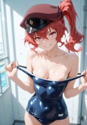 1girls ai_generated areola_slip bare_shoulders blue_one-piece_swimsuit blurry blurry_background breasts bungo_stray_dogs clothes_pull collarbone covered_navel cowboy_shot depth_of_field female female_only grin hair_between_eyes hat indoors jianjiaozi long_hair looking_at_viewer military_hat okura_teruko_(bungou_stray_dogs) one-piece_swimsuit one-piece_swimsuit_pull peaked_cap pulled_by_self red_hair red_headwear school_swimsuit shiny_clothes side_ponytail small_breasts smile solo solo_female stable_diffusion standing strap_pull swimsuit v-shaped_eyebrows wet wet_clothes wet_hair wet_swimsuit