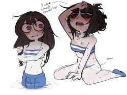 1girls bandeau blush bottomless cleavage clothing collarbone covering_crotch digital_creature drying_hair english_text female glitch_productions hand_in_own_hair heat human katfly long_hair lost_clothes messy_hair navel nervous_smile on_knees pale_skin partially_clothed partially_submerged petite pomni pomni_(tadc) pomni_(the_amazing_digital_circus) shorts small_breasts solo solo_focus sweating swimwear tanline the_amazing_digital_circus thighs tired tubetop wardrobe_malfunction water white_body