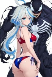 ai_generated bikini blue_eyes blue_hair crossover eastern_and_western_character furina_(genshin_impact) genshin_impact lewd marvel marvel_comics mismatched_pupils spider-man_(cosplay) spider-man_(series) symbiote venom venom_(marvel) white_hair
