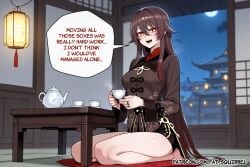 1girl ai_assisted ai_generated black_nails chinese_clothes english_text fatest_squirrel flat_chest genshin_impact hu_tao_(genshin_impact) long_sleeves no_headwear open_mouth ring seiza short_shorts smile straight_hair symbol-shaped_pupils