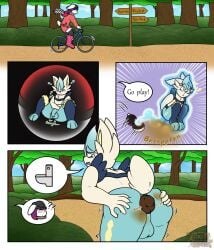 anthro backsack balls bicycle comic constipation crowning_feces desperation duo fart feces female flaccid generation_8_pokemon genitals hi_res holding_butt kitscat lagomorph leporid male mammal nintendo outside park penis pokeball pokemon pokemon_(species) poop_desperation rabbit raised_tail scorbunny sign speech_bubble startled tail toilet vehicle
