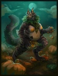 2023 anthro arm_tuft big_breasts breasts calf_tuft cloud detailed_background domestic_cat elbow_tuft felid feline felis field_background fluffy fluffy_tail food fruit full_moon genitals gradient_penis green_penis_tip gynomorph halloween hi_res holidays interkos intersex kinktober leg_tuft long_tail mammal monster moon nipples orange_eyes orange_nipples orange_nose orange_pawpads orange_penis pawpads penis plant plant_monster pointy_ears potion pumpkin shaded sketchy solo tail trans_(lore) trans_woman_(lore) transformation tuft tusks