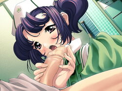 blush breasts cum fellatio game_cg hair konsu_konsuke maria_(private_nurse) nurse oral penis precum private_nurse purple_hair thighhighs uncensored