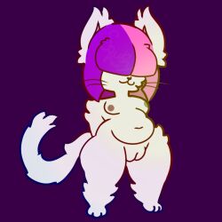 anthro ass bangs belly big_butt big_pussy breasts dark_nipples felid feline female genitals grey_body hair mammal molly_(squishyskunk) multicolored_hair nude pink_hair plump_labia purple_hair shortstack slightly_chubby small_breasts solo squishyskunk standing tail thick_thighs two_tone_hair vulva whiskers