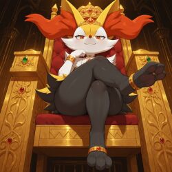 3_toes ai_generated ambiguous_gender anklet anthro black_body bracelet braixen chair crossed_legs crown digit_ring ear_piercing feet furniture gem generation_6_pokemon hi_res jewelry looking_at_viewer looking_down low-angle_view necklace nintendo orange_eyes pawpads paws piercing pixvul pokemon pokemon_(species) ring sitting solo throne tiara toe_ring toes white_body wide_hips yellow_body