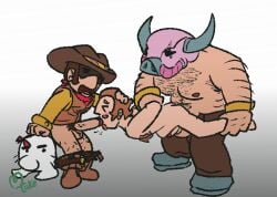 anal animated duster_(mother_3) flint_(mother_3) gay hairy_chest hairy_male male_only mother_(series) mother_3 mr_saturn pants_down pork_trooper restrained shirtless size_difference stomach_bulge threesome