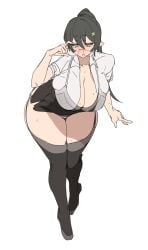 1girls :o absolute_territory adjusting_glasses bending_over big_glasses black_hair bra_over_clothes circular_glasses cleavage cross_hair_ornament dark_gray_hair dark_grey_hair dark_hair dark_thighhighs dress_shirt female female_only front_view garter_straps glasses gray_bra gray_hair gray_stockings gray_thighhighs green_eyes green_hair_ornament grey_bra grey_hair grey_stockings grey_thighhighs gya_rb hair_ornament hilde_(trickcal) hilde_(trickcal_re:vive) huge_breasts huge_thighs legs_together light-skinned_female long_hair long_ponytail looking_at_viewer microskirt miniskirt office_lady panties_peek panty_peek ponyrail round_glasses solo standing stockings sweat sweaty_arms sweaty_breasts sweaty_face sweaty_thighs thick_thighs thighhighs thighs_together trickcal trickcal_re:vive white_background white_blouse white_dress_shirt
