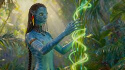 ai_assisted ai_generated avatar blue_skin braided_hair female forest na'vi naked naked_female nature neytiri small_breasts small_nipples tribal_jewelry tripleize wallpaper watermark yellow_eyes