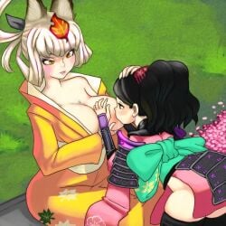 2013 2women black_hair blush breast_grab breast_size_difference breast_sucking breastfeeding breasts breasts_out brown_eyes caressing caressing_head feet female/female female_only flower flowers fluffy fluffy_ears fluffy_tail fox fox_ears fox_girl gray_hair holding_breast huge_breasts jinkuro kimono kongiku lactating lactation leaf_on_head leaning_forward leaning_on_person legs lesbian_pleasure long_hair looking_at_another looking_pleasured milk muramasa_the_demon_blade night nipples one_breast_out one_breast_out_of_clothes pleasure_face presenting_breasts thick_thighs tied_hair tim-buktu traditional_clothes white_hair woman_sucking_breast young_woman younger_female yuri