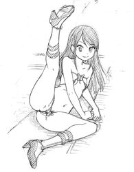 1girls aikatsu! anklet ass barely_clothed barely_visible_genitalia beads bra female female_only female_pubic_hair high_heels jewelry leg_lift leg_up lingerie long_hair looking_at_viewer monochrome navel on_floor on_side panties partially_visible_vulva presenting pubes pubic_hair shibuki_ran shiwasu_no_okina shoes sketch sling_bikini small_breasts smile solo spread_legs thong traditional_media_(artwork) underwear underwear_only white_background