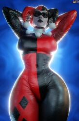 3d arms_behind_head batman:_arkham_knight batman_(series) big_ass big_breasts blender dc dc_comics fully_clothed harley_quinn harley_quinn_(classic) injustice_2 jester jester_hat large_ass large_breasts looking_at_viewer looking_down mature_female smitty34 thick_thighs wide_hips