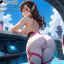 1girls ai_generated artist_name artist_signature ass back bangs bare_shoulders blizzard_entertainment bodysuit breasts brown_eyes brown_hair cowboy_shot d.va d.va_\(overwatch\) from_behind hi_res high_resolution highres kurutai leaning_forward long_hair looking_at_viewer looking_back medium_breasts meka_\(overwatch\) outdoors overwatch overwatch_2 patreon skin_tight solo standing uncensored