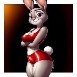 ai_generated anthro arms_crossed boarder breasts bunny_girl cleavage furry gym_clothes halfaslime judy_hopps looking_at_viewer navel nipple_outline red_bottomwear red_topwear standing violet_eyes zootopia