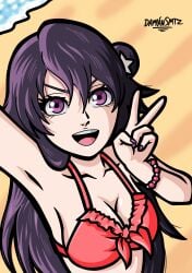 bambietta_basterbine beach beach_background bikini bikini_top bleach bleach:_the_thousand-year_blood_war damiansmtz happy long_hair non_explicit peace_sign purple_eyes purple_hair selfie