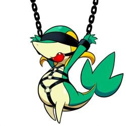 1:1 ai_generated anthro ball_gag blindfold bondage bondage bound chains feral gag generation_5_pokemon green_body harness hellsonger hi_res nintendo open_mouth pokemon pokemon_(species) reptile restraints scalie simple_background snivy solo submissive white_background