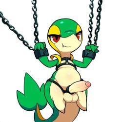 1:1 ai_generated anthro balls belly bondage bondage bound chained chains clothing cock_ring cuff_(restraint) cute_fangs erection foreskin generation_5_pokemon genitals glans green_body harness hellsonger hi_res humanoid_genitalia humanoid_penis looking_at_viewer male navel nintendo partially_retracted_foreskin penis penis_accessory penis_jewelry pokemon pokemon_(species) red_eyes reptile restraints scalie shackles simple_background smile snivy solo white_background