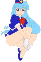 1girls aqua_hair ass bottomless busakumas female gloves high_res legs long_hair miniskirt nopan photoshop purple_eyes short_dress skirt smile stewardess tenjouin_katsura thighs vector_trace yat_anshin_uchuu_ryokou
