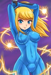 blonde_hair blue_bodysuit blue_eyes bodysuit breasts cameltoe erect_nipples female female_only human metroid nintendo nipples png samus_aran sigurdhosenfeld skin_tight smile solo zero_suit zero_suit_samus