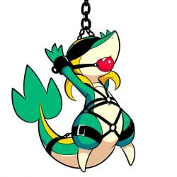 1:1 ai_generated anthro ball_gag blindfold bondage bondage bound chains cuff_(restraint) dragon female feral gag gagged generation_5_pokemon green_body harness hellsonger hi_res nintendo pokemon pokemon_(species) reptile restraints scalie shackles simple_background snivy solo submissive white_background