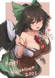 1girls 2025 apron big_breasts black_hair breasts cleavage clothed_female dated english_text light-skinned_female long_hair shiratsuki_shiori solo solo_female text touhou utsuho_reiuji valentine's_day wings