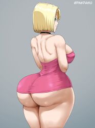 1girls android_18 ass ass_focus blonde_hair breasts dragon_ball dragon_ball_z female female_focus female_only large_ass light-skinned_female light_skin looking_at_viewer looking_back pinkpawg simple_background solo thick_thighs thighs