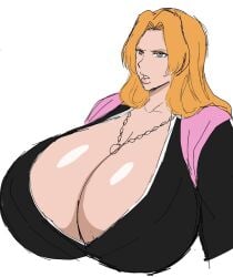 big_breasts black_robe bleach blue_eyes large_breasts lips long_hair matsumoto_rangiku momiji_(artist) necklace orange_hair pink_scarf robe scarf simple_background white_background