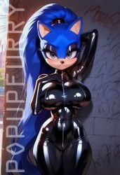 ai_generated blue_hair fan_character gray_eyes latex latex_suit mobian_(species) oc ponytail sonic_(series) sonic_oc sonic_the_hedgehog_(series)