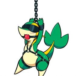 1:1 ai_generated ball_gag blindfold blush bondage bondage bound chains cuff_(restraint) feral gag gagged generation_5_pokemon green_body harness hellsonger nintendo pokemon pokemon_(species) reptile restraints scalie shackles simple_background snivy solo submissive white_background